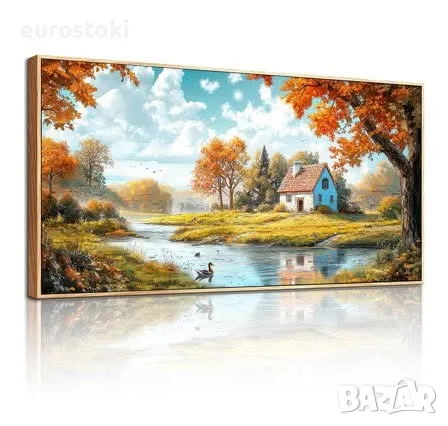 Голяма картина на платно Hyidecorart Селска Вила, 50x100 см, с красива дървена рамка