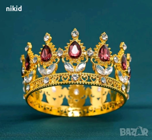 Златна сребърна корона с розови рубин камъни декор украса за торта и дамска детска принцеса парти, снимка 5 - Други - 50076120