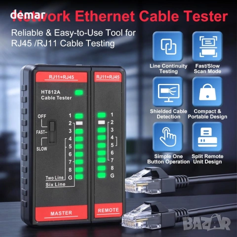 Тестер за мрежови кабели за RJ11 RJ45 Ethernet, LAN CAT5 CAT5E CAT6 CAT6A CAT7, снимка 2 - Друга електроника - 53779649