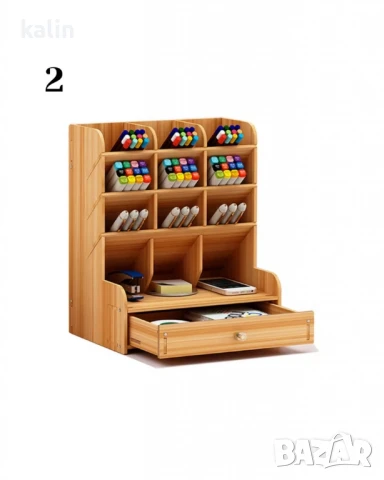 Дървен органайзер за бюро с чекмедже и многосекционно съхранение, снимка 2 - Бюра - 51426921
