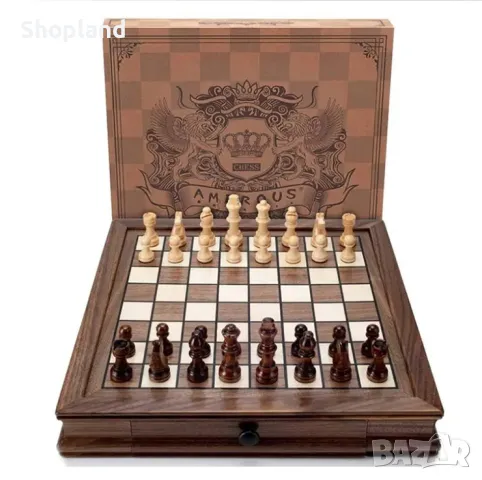 Магнитна дървена шахматна дъска с чекмеджета