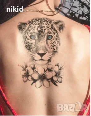 Пума Леопард с цветя черно бял временна татуировка татос татус Tattoo, снимка 1
