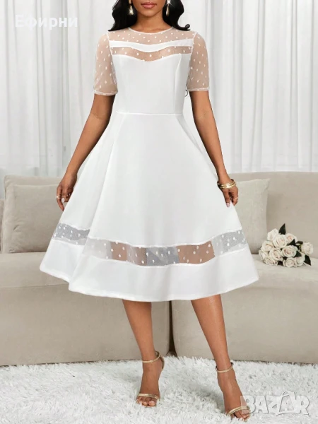 Бяла рокля, Нежна бял рокля, Миди бяла рокля, Елегантна бяла рокля, Бяла рокля с къс ръкав, снимка 1