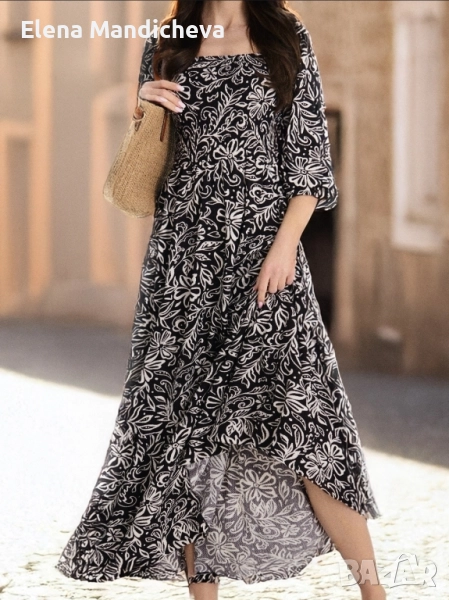 Дълга L / XL макси лятна рокля еластична материя не се мачка талия с ластик, снимка 1