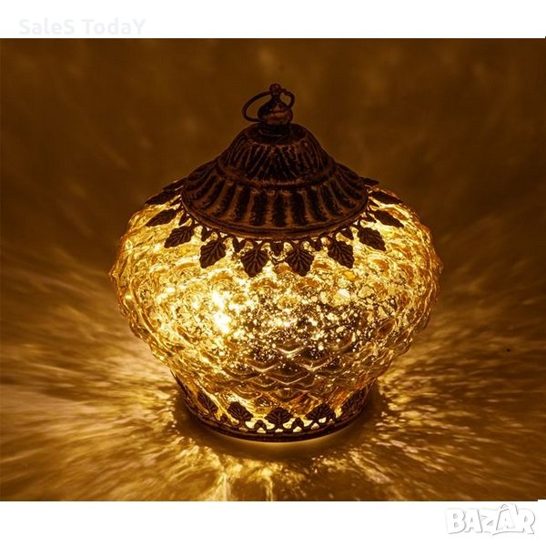 Фенер, Декоративно, стъклен, Злато, 10 LED, 15х13см, снимка 1
