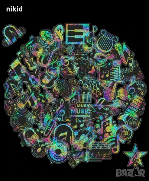 50 бр Музика Музикални холограмни самозалепващи лепенки стикери за украса декор картонена торта и др, снимка 1