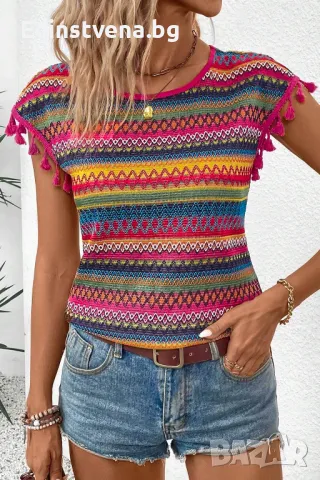Дамска блуза с етно жакардов десен и къси ръкави с пискюли, снимка 4 - Други - 50130058