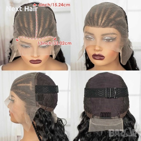 Екзотична черна синтетична перука с пълзящи плитки и къдрава дължина 70 см - Lace Front 13x6, снимка 2 - Аксесоари за коса - 52828530