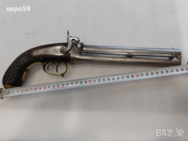 Рядък, в отлично състояние, двуцевен капсулен пищов-дамаскова стомана, снимка 3 - Антикварни и старинни предмети - 52292828