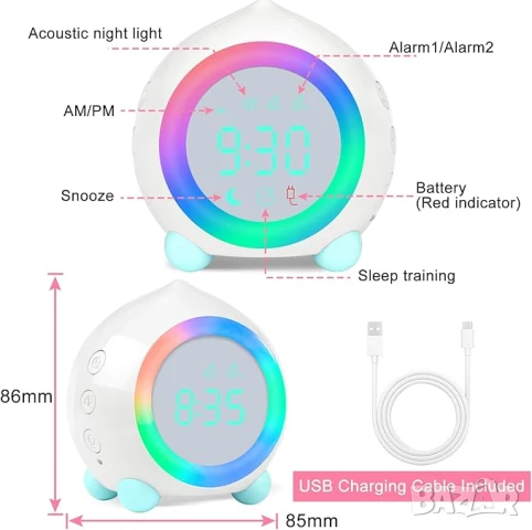 Смарт будилник за деца 2000mAh, RGB LED светлина с функция за обучение на сън, снимка 5 - Детски нощни лампи - 51067103