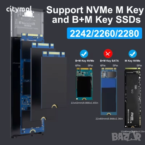 M.2 NVMe SSD кутия, 10Gbps, M.2 SSD към USB 3.1, 2 кабела, Windows7/8/10/11, Mac OS, Linux,, снимка 2 - Други - 52622588