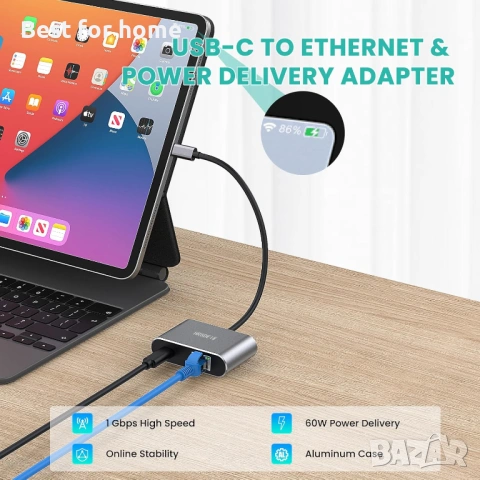 USB-C към Ethernet адаптер, USB Type-C (Thunderbolt 3) към RJ45 мрежов порт , снимка 3 - Кабели и адаптери - 53726495