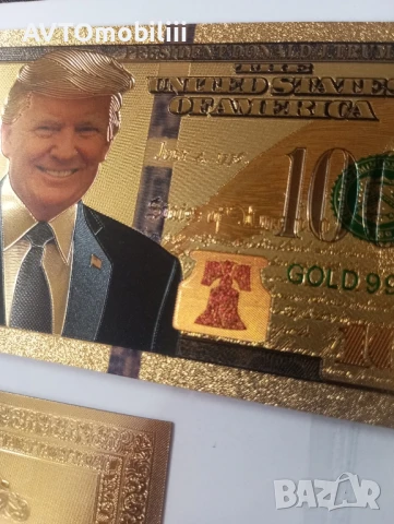 Позлатена с 24 карата злато релефна банкнота 100 долара с Доналд Тръмп, снимка 5 - Нумизматика и бонистика - 51375392