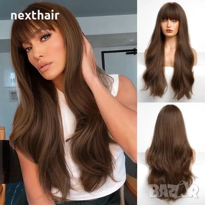 Чуплива висококачествена кафява перука с бретон и зигзаг път, снимка 1