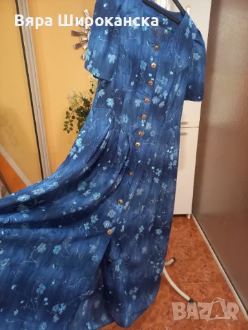 Синя копринена рокля НЕМАЧКАЕМА L, XL, снимка 4 - Рокли - 40630203