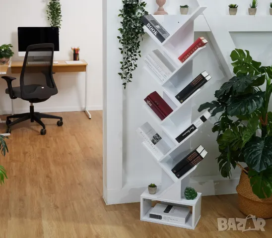 Дървена библиотека за книги тип дърво 9 рафта + чекмедже, бял, венге, снимка 7 - Етажерки - 49723979