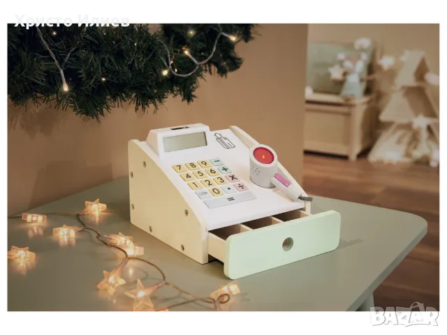 Детски дървен Касов Апарат със Скенер Функциониращ звук и светлина подходящ за дървен магазин, снимка 4 - Образователни игри - 48881042