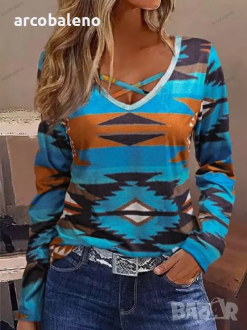 Дамска ежедневна етническа ацтекска блуза с V-образно деколте и дълъг ръкав - 023, снимка 1 - Блузи с дълъг ръкав и пуловери - 39318061