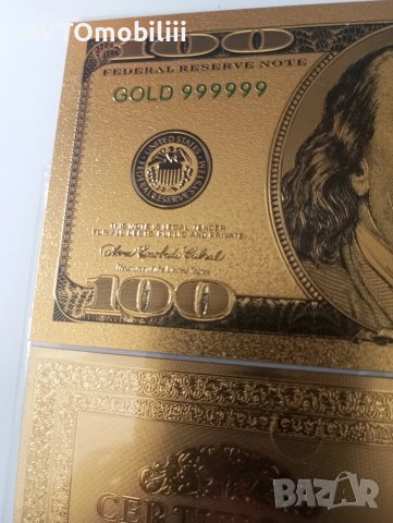 Позлатена с 24 карата злато релефна банкнота 100 долара със сертификат, снимка 3 - Нумизматика и бонистика - 51375911
