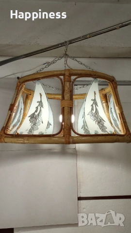 Абажур (Полилей) от бамбук с 6 стъкла и Нова LED крушка, снимка 7 - Лампи за таван - 52810891
