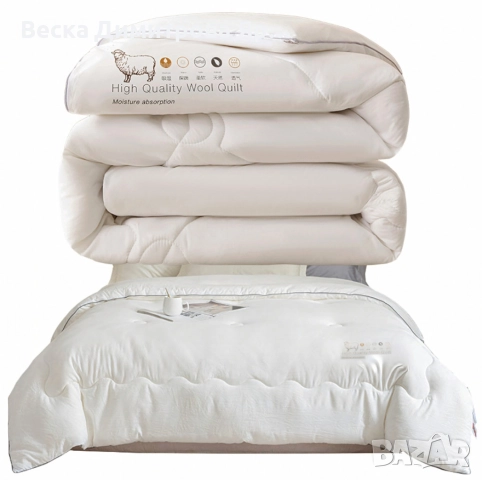 Размер: 160 x 200 см (+/- 3 см); Цвят: Бял; Пълнеж: 95% овча вълна, 5% полиестер, снимка 6 - Олекотени завивки и одеяла - 52899288