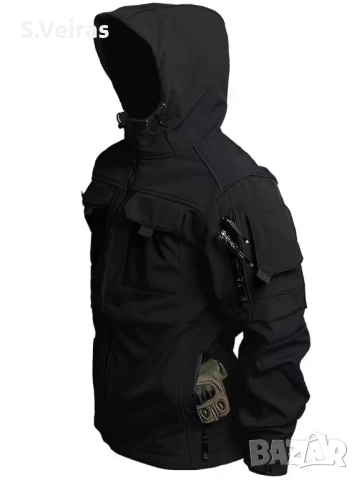 Работно Тактическо Ветроустойчиво яке с качулка, с много джобове, Цвят -Черен, снимка 7 - Якета - 52857674