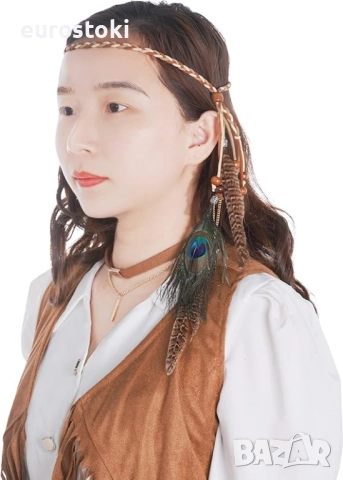 Fumwase  Хипи костюм от 4 части с тема 60-те и 70-те години, жилетка с ресни, лента за глава с пера, снимка 5 - Костюми - 52506935