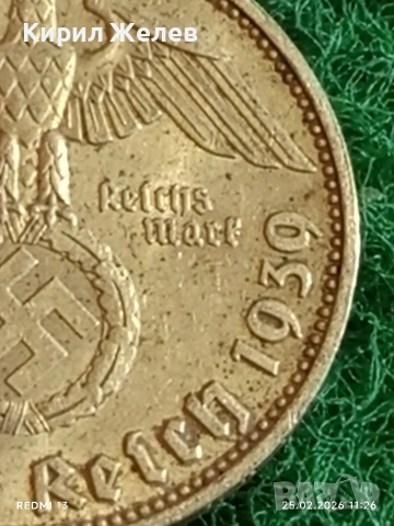 Сребърна монета 2 райхсмарки 1939г. Германия Трети Райх с Свастика за КОЛЕКЦИОНЕРИ 51885, снимка 5 - Нумизматика и бонистика - 53615824