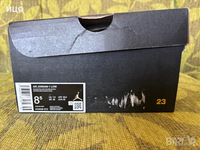 Нови мъжки обувки AIR JORDAN 1 LOW BLACK/YELLOW OCHRE-WHITE, снимка 15 - Спортни обувки - 51778033