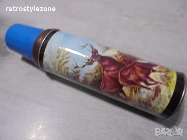 № 8524 Стар термос  – ретро ловна илюстрация- елени, снимка 3 - Други ценни предмети - 53788781