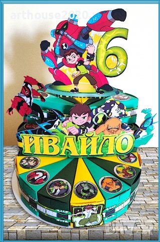 Картонена торта Ben 10,покани за рожден ден,банери за стена,свирки и др.