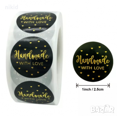 100 бр MADE WITH LOVE ❤ черни малки самозалепващи лепенки стикери ръчна изработка подарък, снимка 3 - Други - 32678762