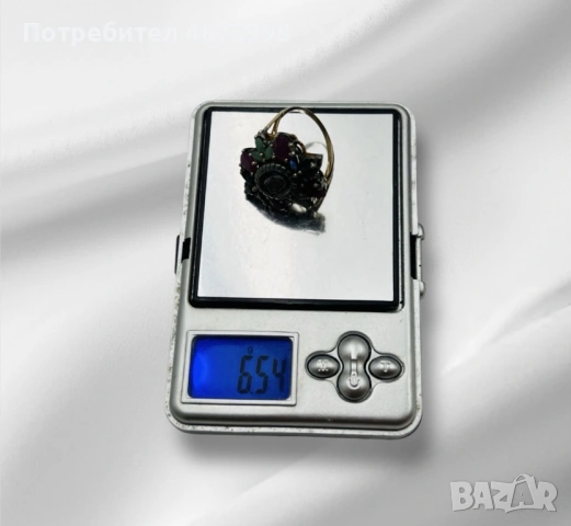 Уникален винтидж пръстен със златен ринг, сребърна основа и естествени скъпоценни камъни, снимка 4 - Пръстени - 53266291