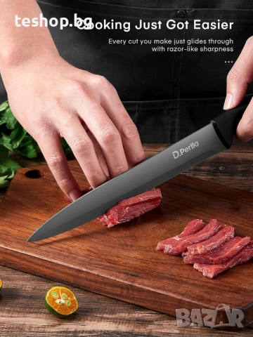 Комплект ножове D.Perlla с блок, 15 части, острие от неръждаема стомана с незалепващо черно покритие, снимка 6 - Прибори за хранене, готвене и сервиране - 52396525