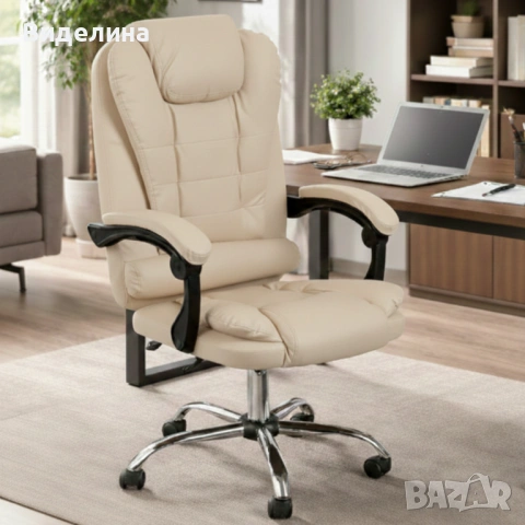 Ергономичен офис стол с лумбална опора от еко кожа в бежов цвят – комфорт за дълги часове без болки, снимка 7 - Столове - 53656906