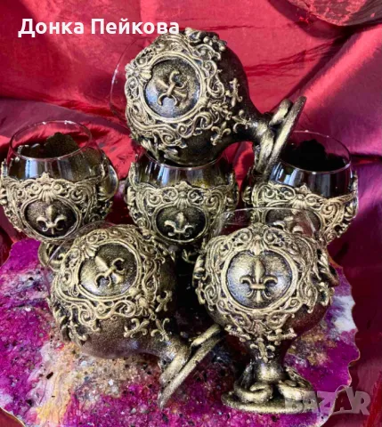 Ръчно изработен сервиз за коняк в старинно злато от 6 части, снимка 4 - Чаши - 48634672