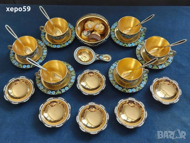 СССР-сребро 916-сребърни чаши с емайл позлата,сребърен сервиз, сребро,злато, снимка 2 - Сервизи - 52217778