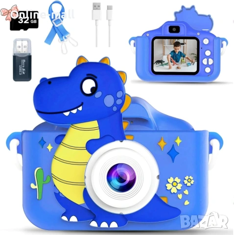 Детска дигитална камера с динозавър – Dual камера отпред и отзад, 1080P видео, 32GB карта, игри и ра