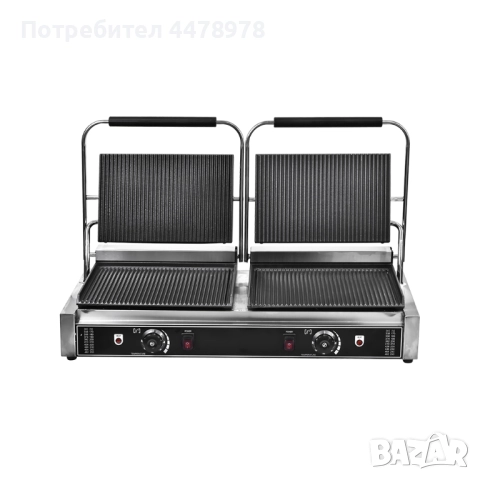 Професионален електрически контактен грил с 2 зони и чугунени оребрени плочи – 83 см