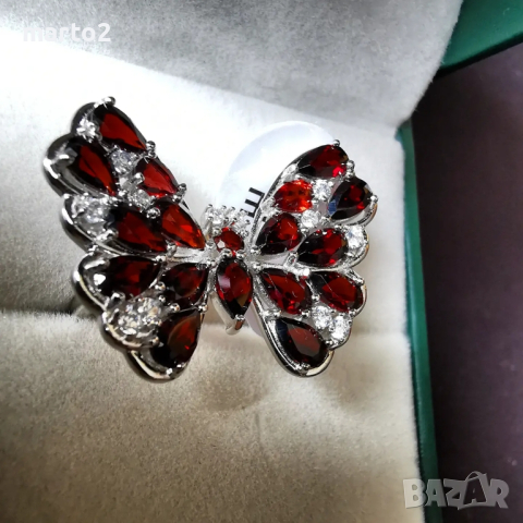Сребърен 925 пръстен - Пеперуда с Родиево покритие и Натурални Гранати и Циркони!, снимка 3 - Пръстени - 44698842