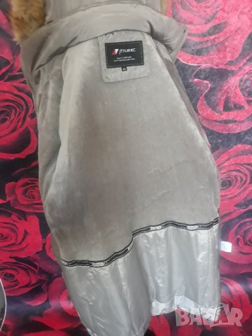 Бежово-сиво дебело зимно яке с естествен пух качулка и топчета ХЛ, снимка 9 - Якета - 35843506