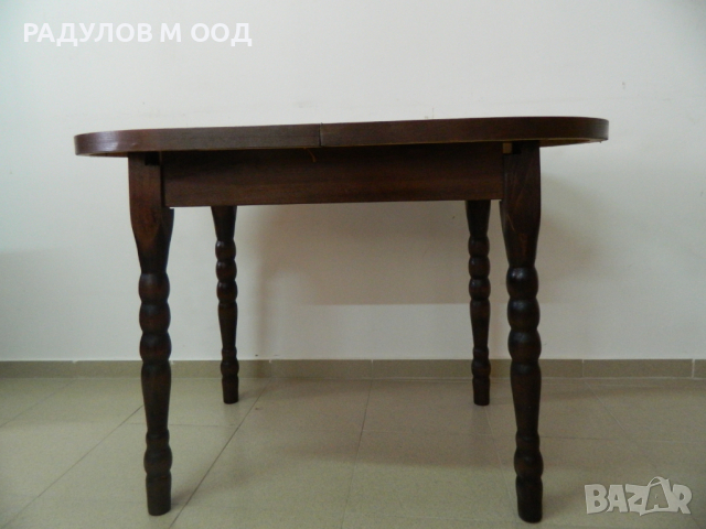 Разтегателна трапезна маса елипса 70*110 тъмен орех, със стругован крак / 771084, снимка 2 - Маси - 44600657