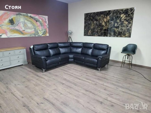 Черен кожен ъглов диван с електрически релаксиращ механизъм, снимка 10 - Дивани и мека мебел - 42514542