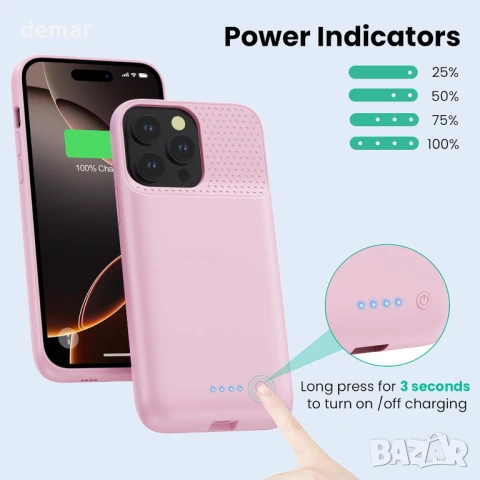 Кейс Feob с батерия за iPhone 14 Pro Max, 8600mah (6.7 инча) - розов, снимка 4 - Калъфи, кейсове - 50688219