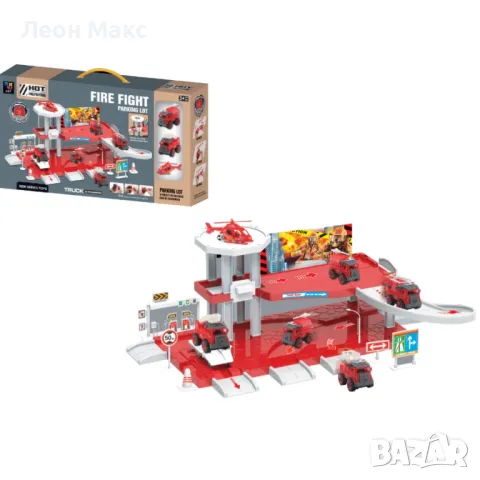 Паркинг Пожарна на два етажа с 2 коли и хеликоптер , снимка 3 - Коли, камиони, мотори, писти - 48410456