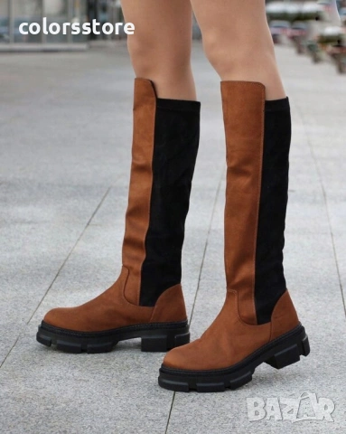 Равни ботуши - кафяво и черно велур - BTV22

, снимка 2 - Дамски ботуши - 36367253