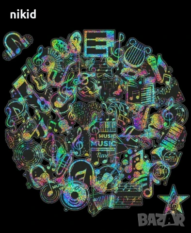 50 бр Музика Музикални холограмни самозалепващи лепенки стикери за украса декор картонена торта и др