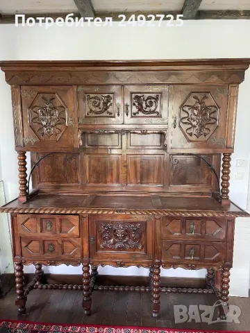 Шкаф  бюфет старинен, антикварен, дъбов, Дърворезба , снимка 2 - Бюфети - 38801036