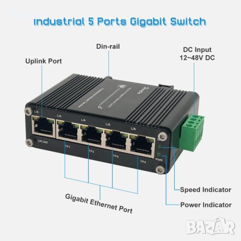 Мини индустриален 5-портов Gigabit Ethernet комутатор, снимка 7 - Мрежови адаптери - 41421542
