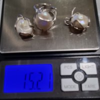Сребърен комплект обеци с пръстен с натурални перли , снимка 7 - Бижутерийни комплекти - 44231258